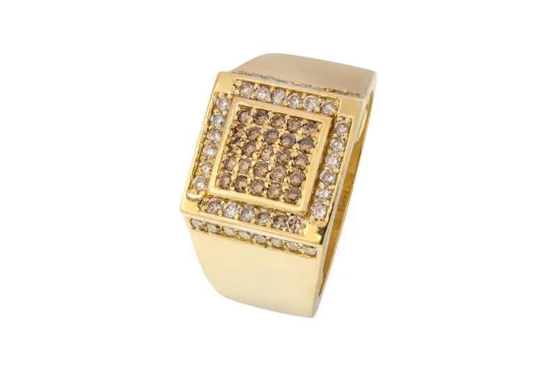 14ct Yellow Gold Natural White & Champagne Diamond Square Cluster Ring 1.20ct G SI Size U 8.7g
