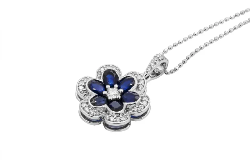 18ct White Gold Sapphire & Round Brilliant Diamond Flower Jewellery Set