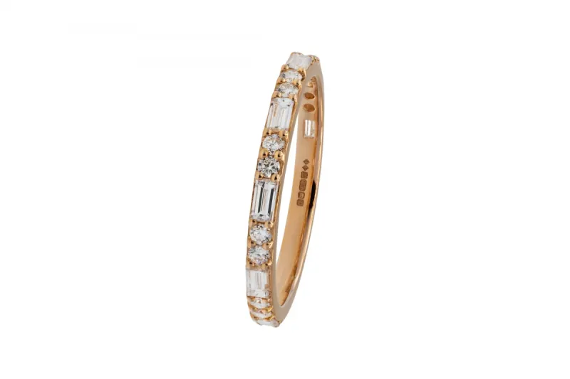 18ct Rose Gold Baguette & Round Brilliant Diamond Wedding Band 0.66ct