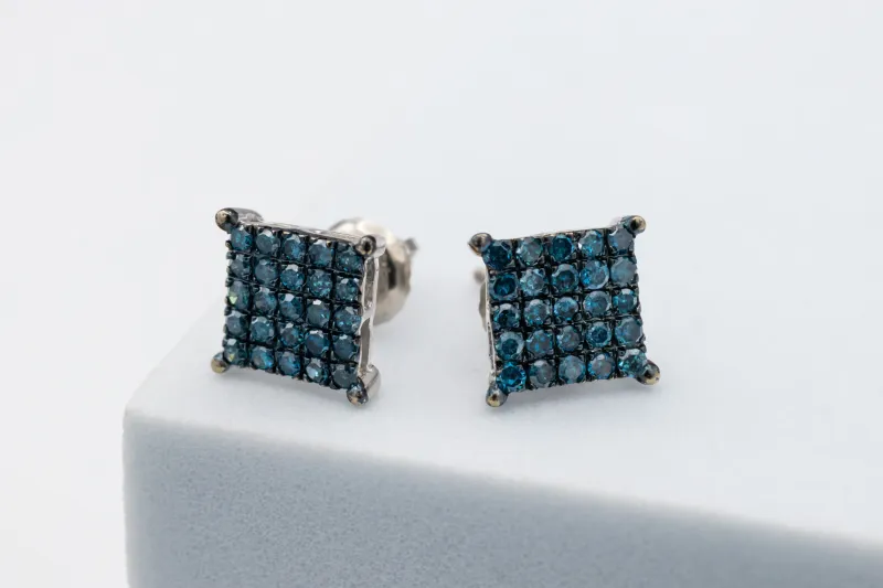 9ct White Gold Square Blue Diamond Stud Earrings 0.52ct