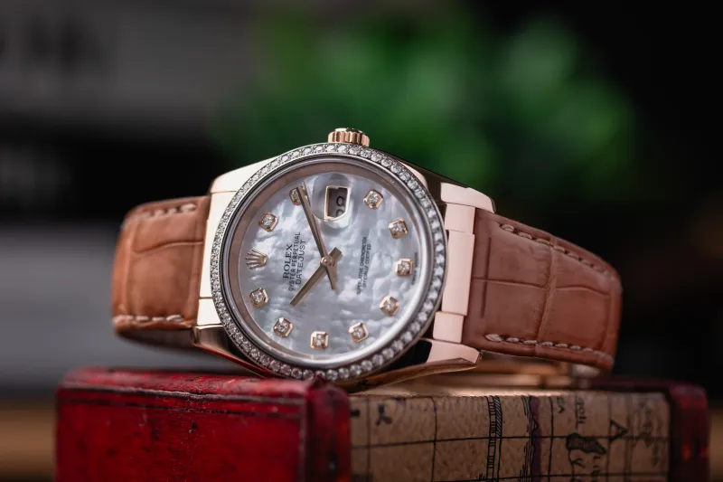 Rolex DateJust 36mm 18ct Rose Gold Brown Leather 116185 2016