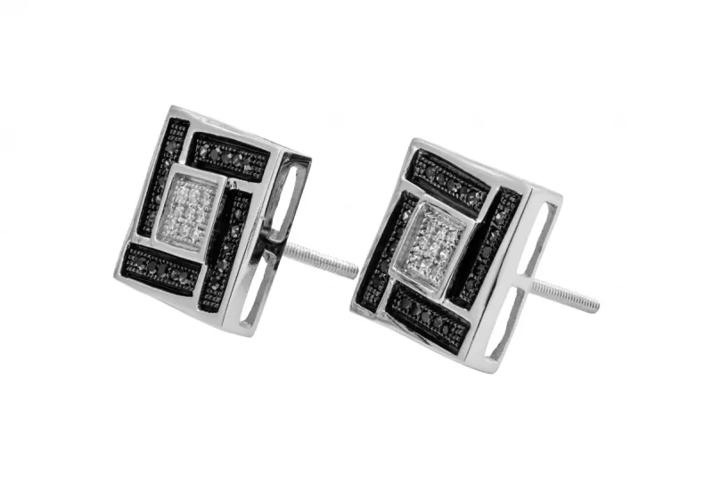 9ct White Gold Square White & Black Diamond Stud Earrings 0.15ct 3.0g