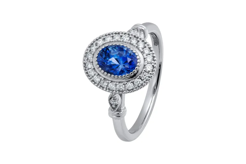 18ct White Gold Oval Sapphire & Natural Diamond Ring 1.42ct Sapphire 0.20ct D VVS1 Size O