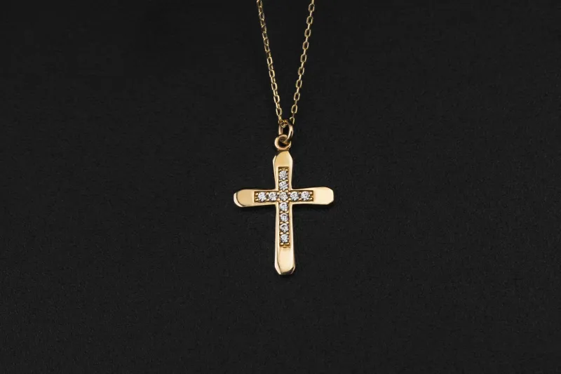 14ct Yellow Gold Cubic Zirconia Cross Necklace 18" 2.04g
