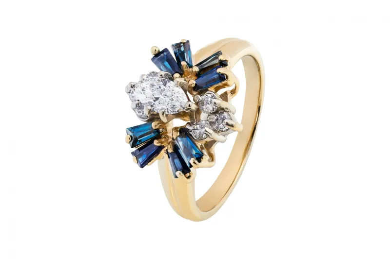 14ct Yellow Gold Cluster Design Diamond & Sapphire Ring 0.36ct 4.6g