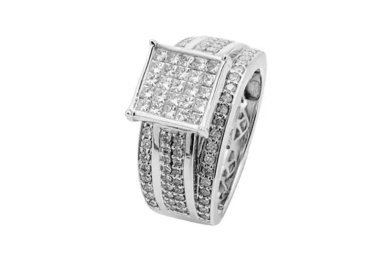 14ct White Gold Multi Cut Diamond Square Mens Ring 2.70ct