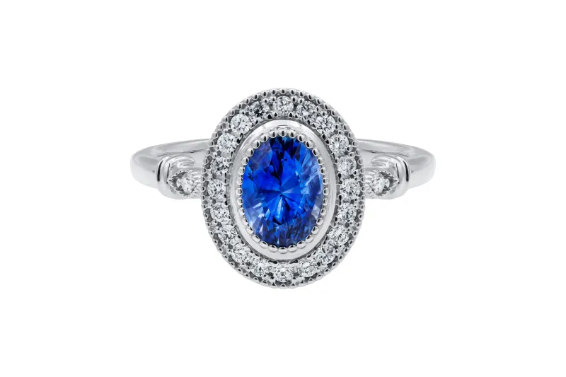 18ct White Gold Oval Sapphire & Natural Diamond Ring 1.42ct Sapphire 0.20ct D VVS1 Size O