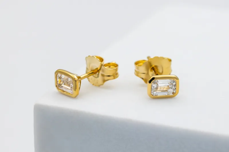 Gold Plated Sterling Silver Lab Grown Emerald Cut Diamond Stud Earrings 1.06ct