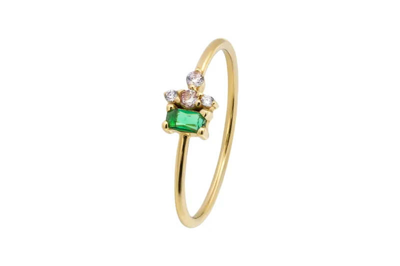 14ct Yellow Gold Green Emerald Cut & White Cubic Zirconia Ring Size O 1.2g
