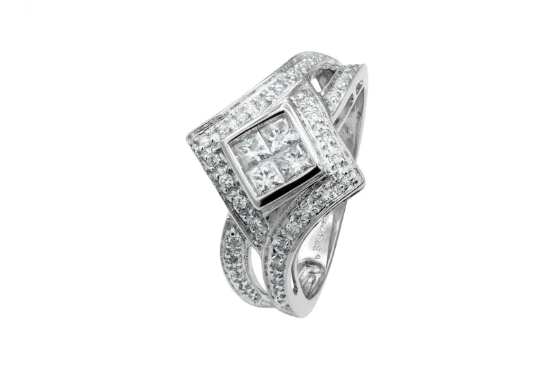 14ct White Gold Princess Cut Diamond Cluster Ring 0.60ct