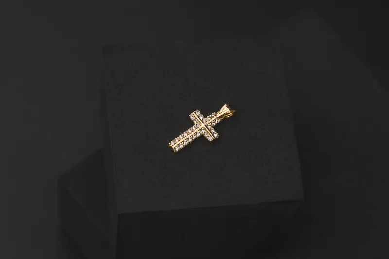 14ct Yellow Gold Mini Cubic Zirconia Cross Pendant 20mm 1.1g