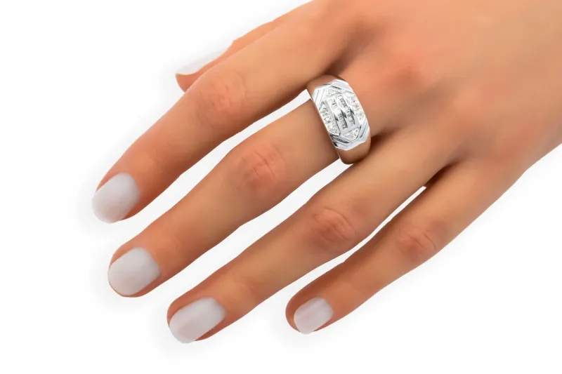 14ct White Gold Diamond Double Row Baguette Mens Ring 0.23ct 5.3g