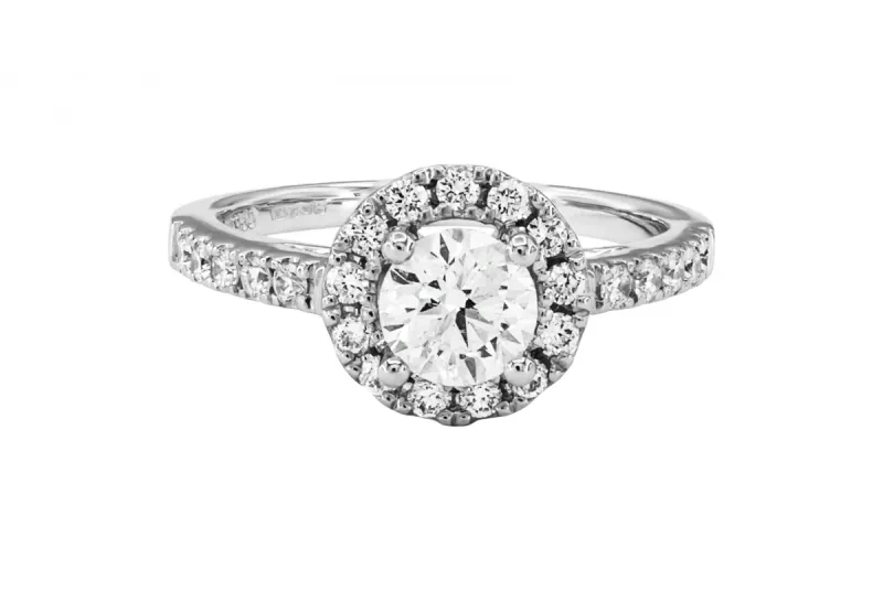 Platinum Halo Diamond Engagement Ring With Pavé Band 1.11ct