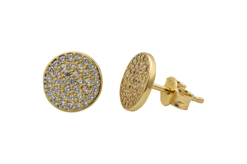 9ct Yellow Gold Pavé Cubic Zirconia Flat Round Stud Earrings 1.5g
