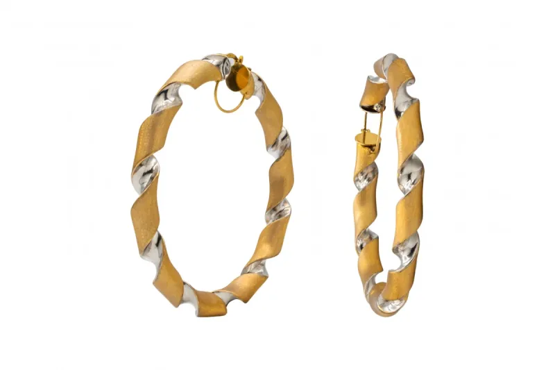 9ct Yellow Gold Twisted Hoop Earrings With Rhodium Inlay Bold Design 13.1g