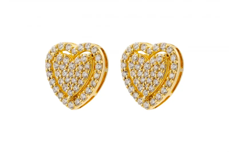 9ct Yellow Gold Diamond Heart Stud Earrings 1.10ct 4.5g