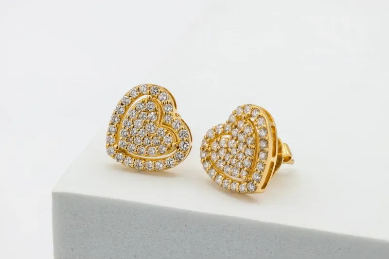 9ct Yellow Gold Diamond Heart Stud Earrings 1.10ct 4.5g