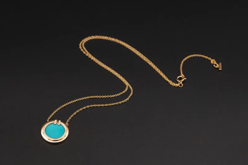 Tiffany & Co Diamond & Turquoise Circle Pendant Necklace 0.05ct