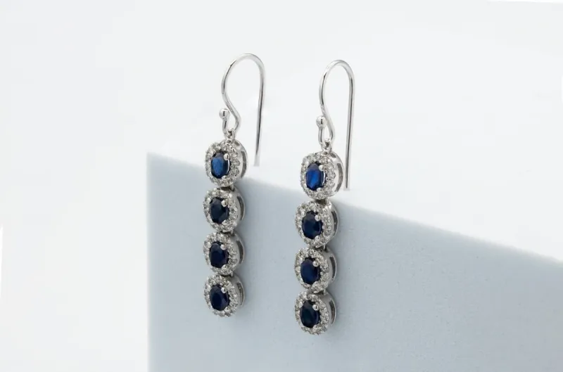 14ct White Gold Diamond & Sapphire Drop Earrings 1.66ct