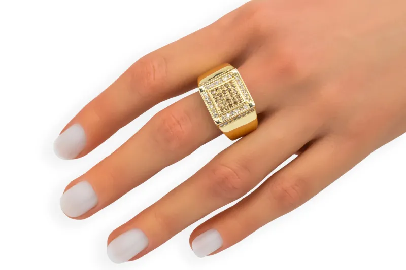14ct Yellow Gold Natural White & Champagne Diamond Square Cluster Ring 1.20ct G SI Size U 8.7g