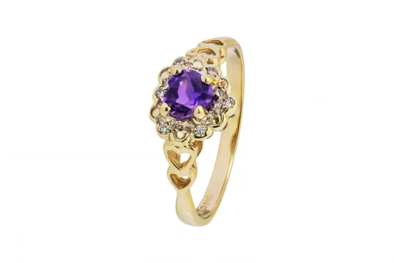9ct Yellow Gold Amethyst & Diamond Heart Shaped Ring 0.12ct