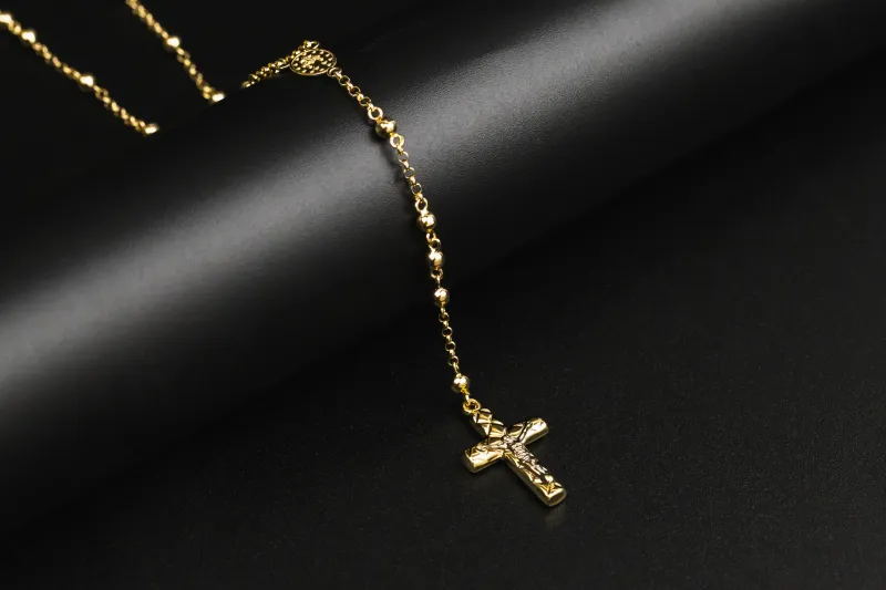 14ct Yellow Gold Rosary Bead Cross Station Necklace