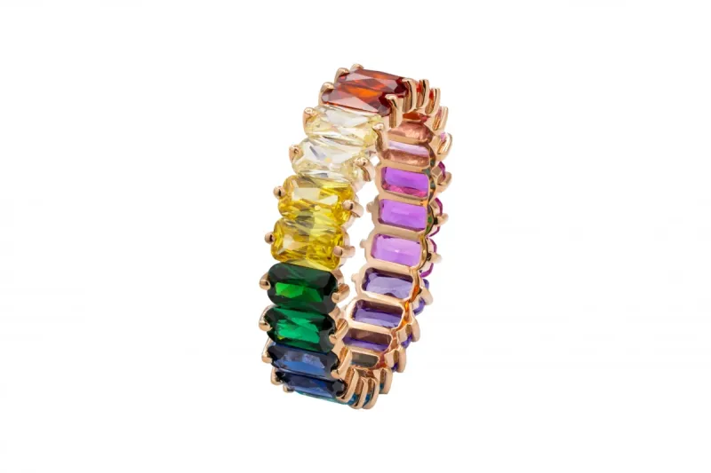 18ct Rose Gold Emerald Cut Rainbow Sapphire Full Eternity Ring