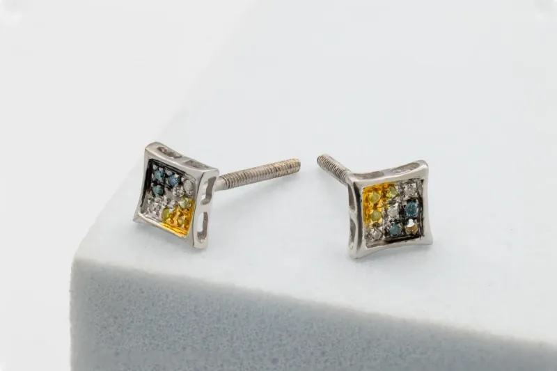9ct White Gold Multi Colour Diamond Square Stud Earrings 0.10ct