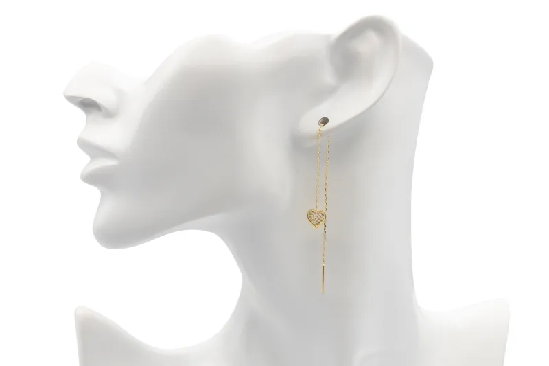 9ct Yellow Gold Pull Through Cubic Zirconia Heart Earrings 1.55g