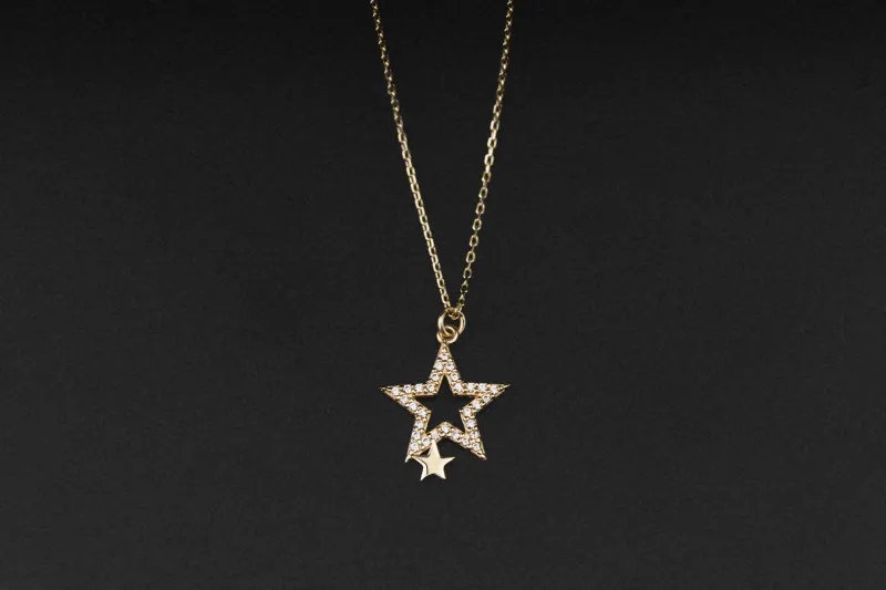 14ct Yellow Gold Cubic Zirconia Star Necklace 18" 2.45g
