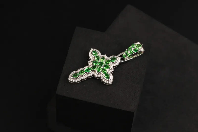 9ct White Gold Diamond & Tsavorite Cross Pendant 0.71ct