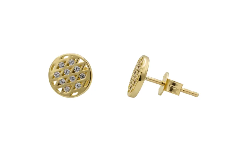 9ct Yellow Gold Cubic Zirconia Flat Mesh Round Stud Earrings 7.83mm 1.3g