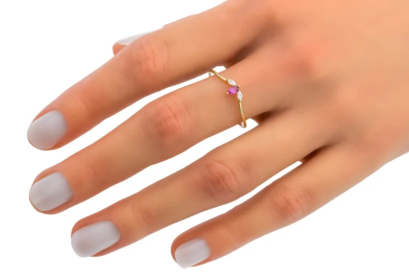 14ct Yellow Gold Pink Marquise & White Cubic Zirconia Three Stone Ring Size P½ 0.7g