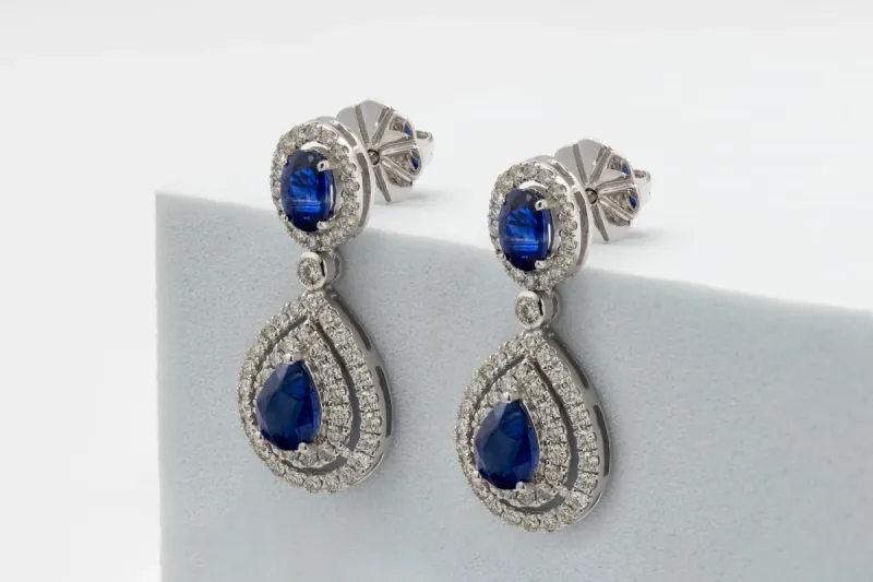 18ct White Gold Diamond & Sapphire Drop Earrings 1.19ct
