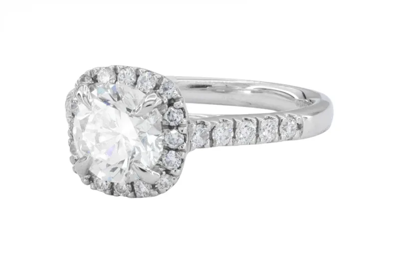 Platinum Round Diamond Halo Ring With Pavé Shoulders 1.50ct