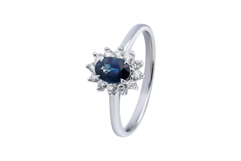 18ct White Gold Sapphire Diamond Halo Ring