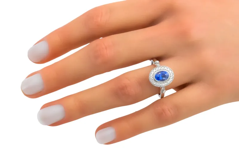 18ct White Gold Oval Sapphire & Natural Diamond Ring 1.42ct Sapphire 0.20ct D VVS1 Size O