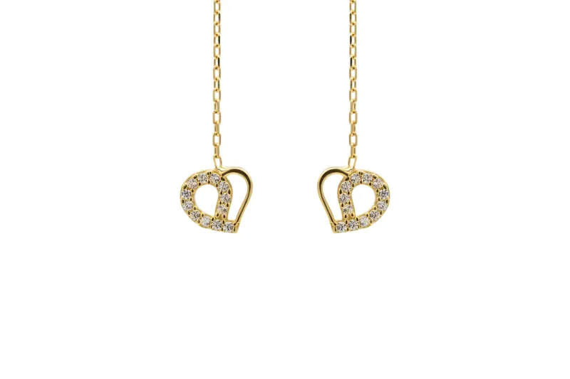 9ct Yellow Gold Pull Through Cubic Zirconia Heart Earrings 1.20g