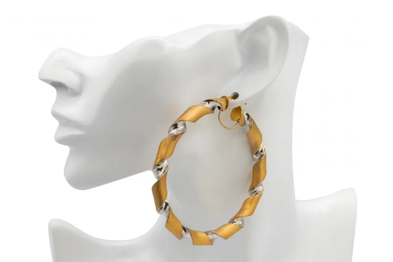 9ct Yellow Gold Twisted Hoop Earrings With Rhodium Inlay Bold Design 13.1g
