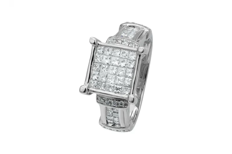 14ct White Gold Diamond Princess & Round Cut Pave Ring 1.48ct 5.8g