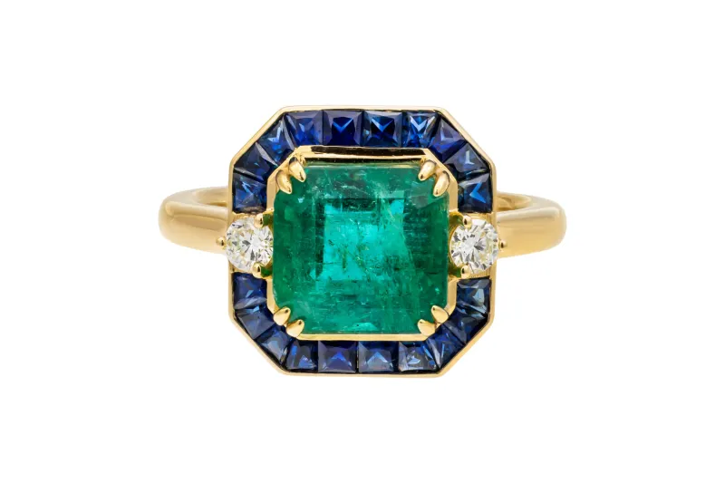 8ct Yellow Gold Asscher Cut Emerald Diamond & Sapphire Ring 3.36ct 5.98g