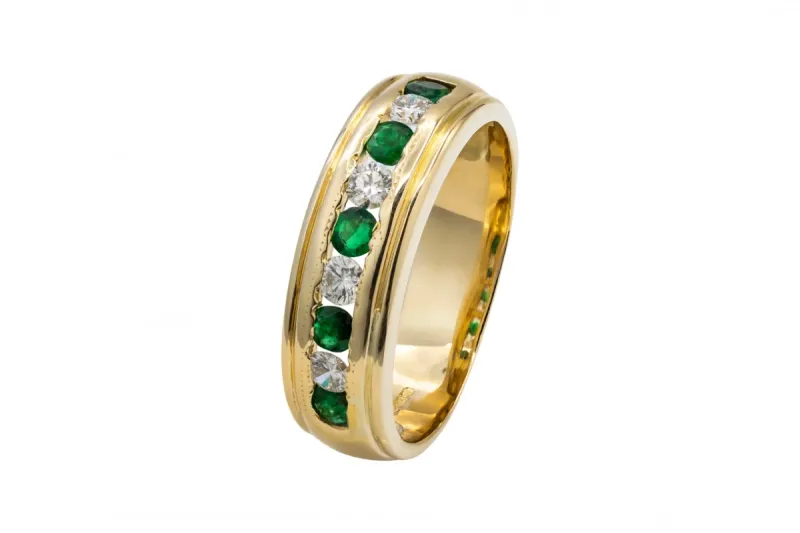9ct Yellow Gold Channel Set Diamond And Emerald Ring 0.40ct