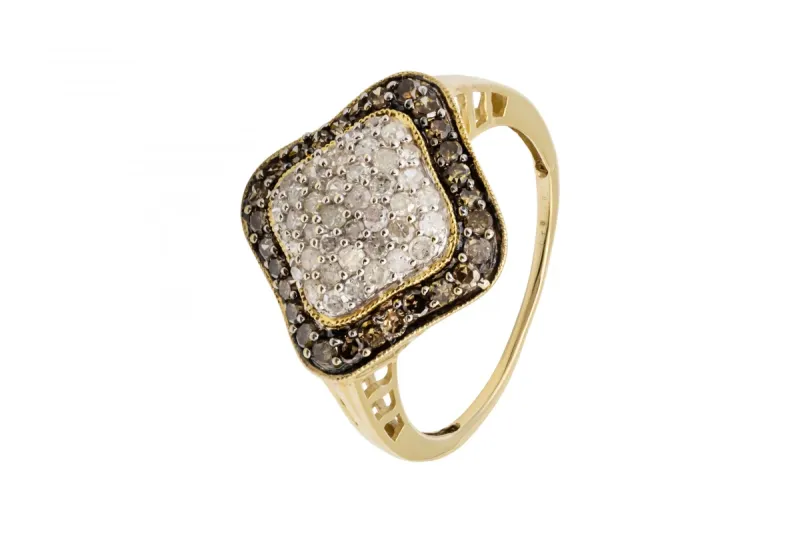 9ct Yellow Gold White And Champagne Diamond Cluster Ring 0.92ct