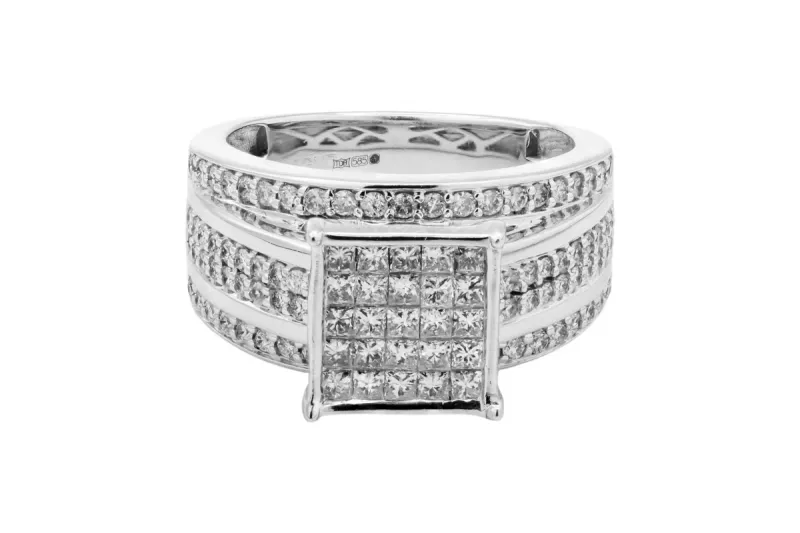14ct White Gold Multi Cut Diamond Square Mens Ring 2.70ct