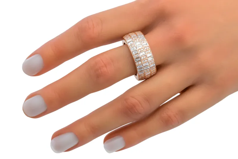 9ct Rose Gold Natural Diamond Baguette & Brilliant Cut Ring 2.04ct F VS Size O 8.1g