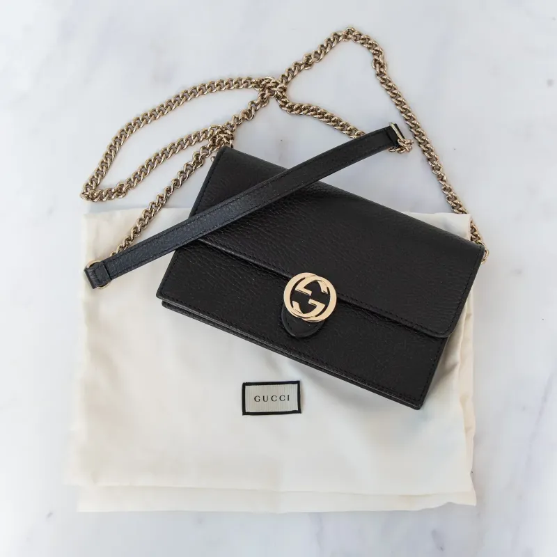 Gucci Black Leather Interlocking G Dollar Wallet On Chain Crossbody Bag