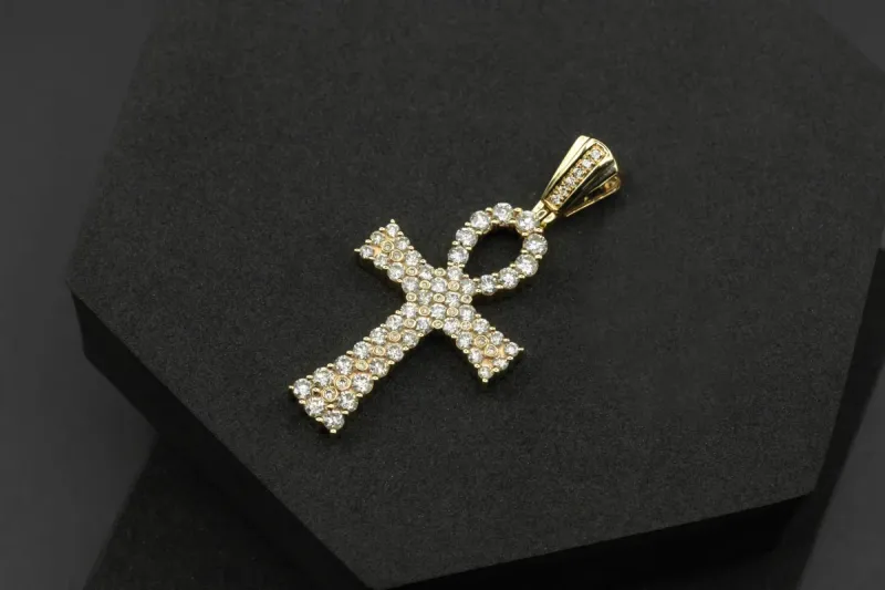 14ct Yellow Gold Diamond Ankh Cross Pendant Pavé Set 3.75ct