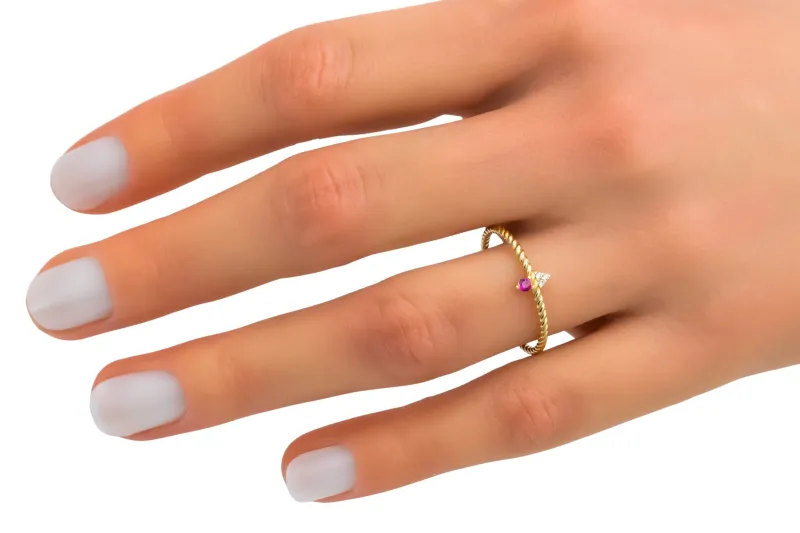 14ct Yellow Gold Pink & White Cubic Zirconia Two Stone Twist Ring Size O 0.9g