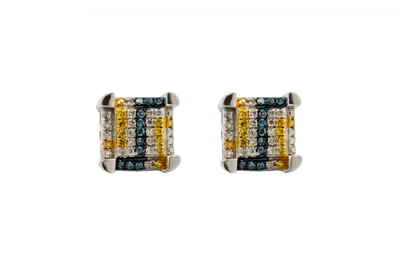 9ct Yellow/Blue/White Diamond Square Stud Earrings
