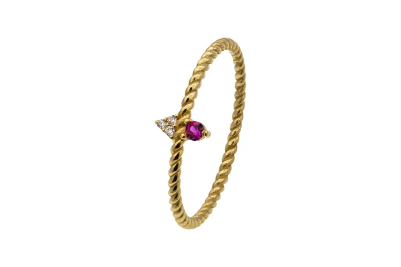 14ct Yellow Gold Pink & White Cubic Zirconia Two Stone Twist Ring Size O 0.9g